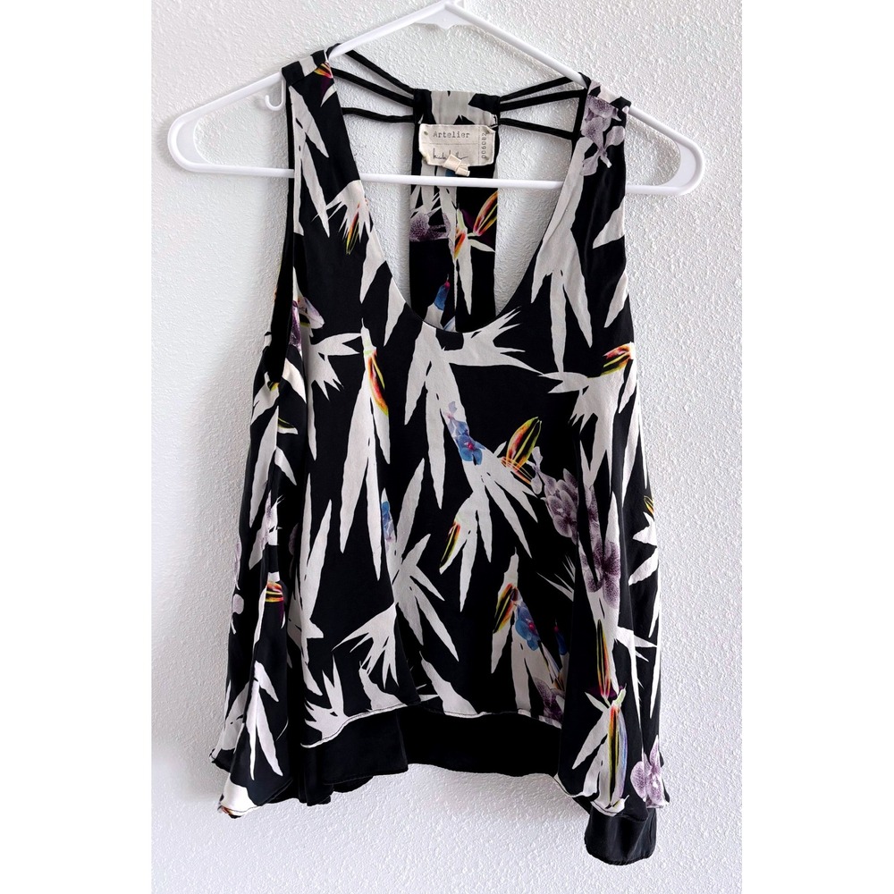Nicole Miller Artelier Tank Womens Medium Black Floral Silk Career Event Party